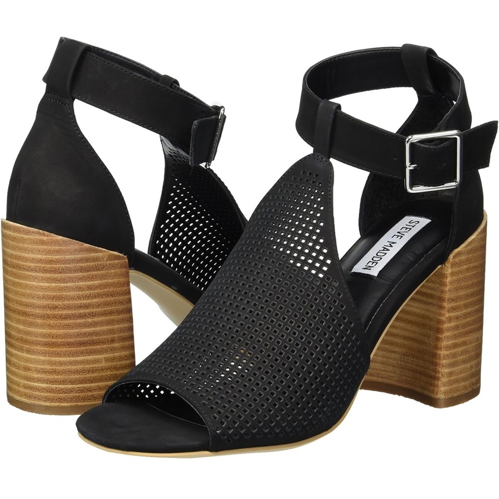 Steve Madden Black 8.5 Sawyer Caged Sandal Block Heel Perforated Leather